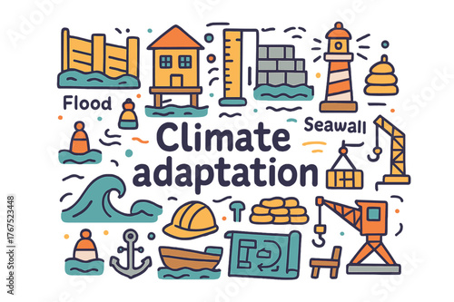 Climate Adaptation Doodle. Climate adaptation. Hand-drawn doodle illustration of Climate adaptation. Flood