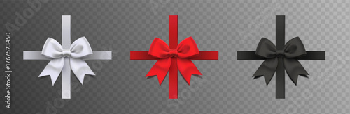 3d realistic vector icon illustration. Set of red, white and black bow for gifts and present packaging.