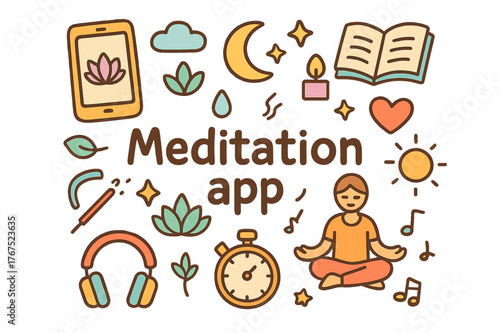 Meditation Doodle Design. Meditation app. Hand-drawn doodle illustration of meditation app. Smartphone, lotus