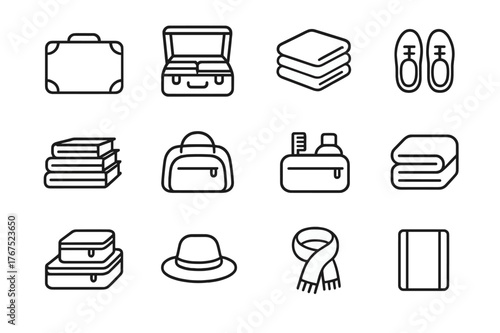 Organized Trunk Icons. Trunk with organized items. Line outline icon set of Trunk with organized items: closed