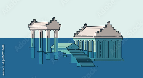 Pixel art illustration of ancient temples submerged in water.