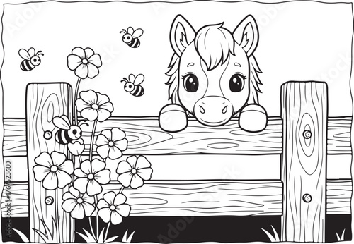 Cute cartoon horse peeking over a wooden fence with bees and flowers