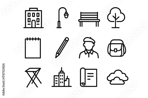 Urban Sketch Icon Set. Urban sketching. Line outline icon set of urban sketching: building, street lamp, bench