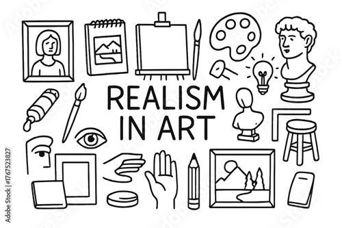 Artistic Realism Elements. Realism in Art. Hand-drawn doodle illustration of realism in art. Canvas, easel,