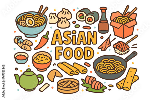 Colorful Asian Cuisine Doodles. Asian food. Hand-drawn doodle illustration of Asian food. Ramen bowl,