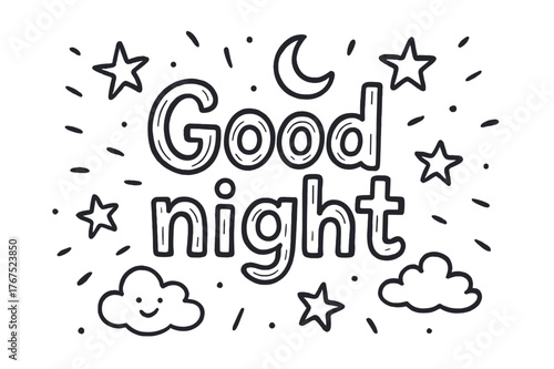 Good Night Doodle. In the middle, the word ?Good night? written in doodle hand-drawn style.