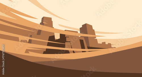 Stylized illustration of ancient desert ruins amidst blowing sand.