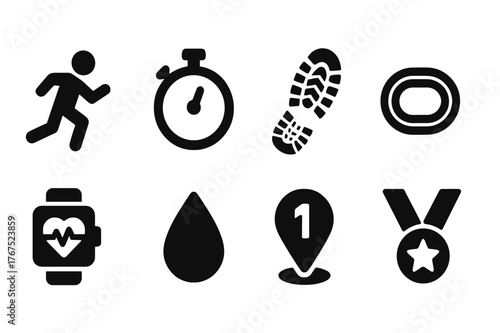 Running Icons Set. Running and jogging. Filled icon set of running and jogging: runner icon, stopwatch, shoe
