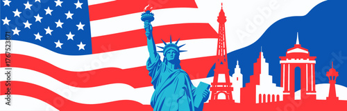 Statue of Liberty with American flag, Paris skyline silhouette, patriotic graphic design