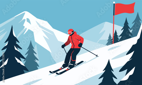 Skier in red jacket gliding down snowy slope with pine trees and red flag flat style
