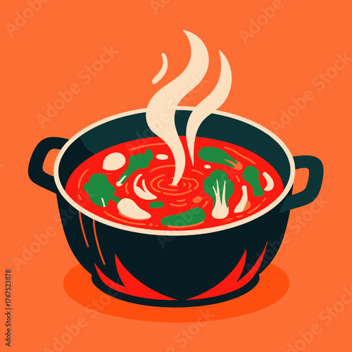 Steaming pot of vegetable soup, vibrant cartoon style, food illustration isolated