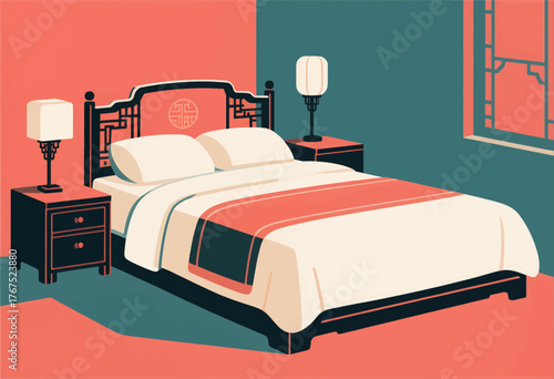 Stylish bedroom with traditional bed and lamps, colorful flat design illustration