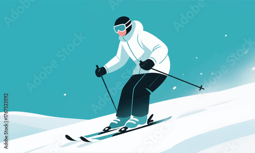 Skier in white jacket and goggles gliding down snowy slope, flat vector style