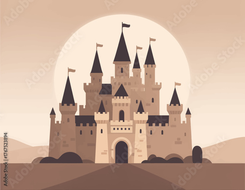 Stylized castle silhouette with turrets against glowing moon backdrop