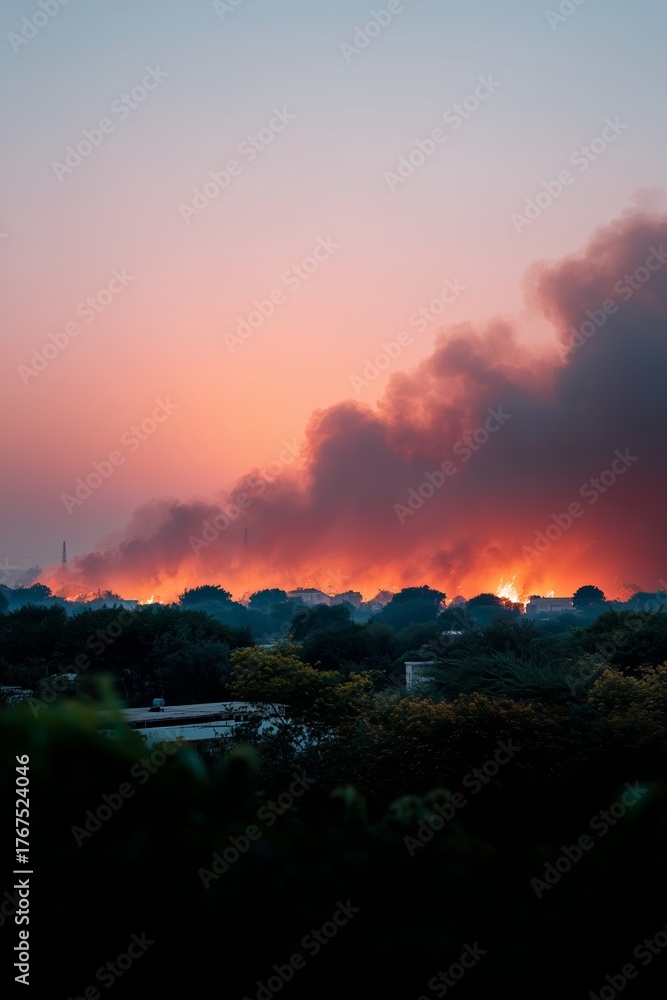 Obraz premium Wildfire burning through trees with thick orange smoke at sunset. Natural disaster, global warming, and emergency risk concept.