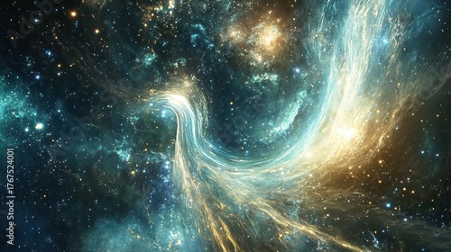 A cosmic superstructure made of twisting silver light and gold-dusted stardust