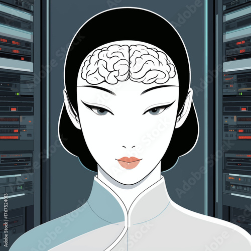 Stylized woman with exposed brain in server room, minimalist vector illustration