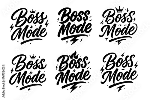 Boss Mode Variations. Boss Mode. Create a calligraphy lettering illustration of the phrase: Boss Mode. Render