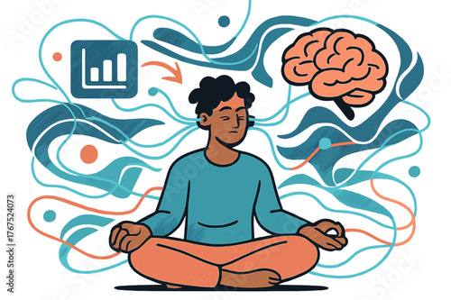 Cyber Meditation. Neural links. A character meditating with glowing wires plugged into their head, abstract