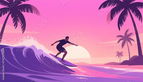 Surfer riding wave at sunset with palm trees, colorful flat vector illustration