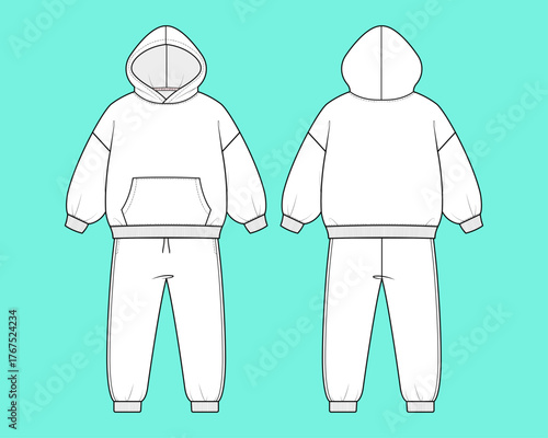 Kids Relaxed Fit Drawstring Jogger and Drop-Shoulder Hoodie Oversized Tracksuit Set Technical Flat Sketch.