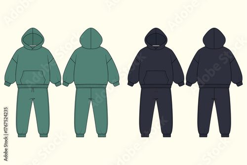 Kids Minimalist Oversized Fleece Tracksuit Color Block Fashion Flat Sketch CAD Template.