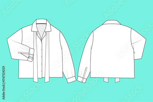 Women's Long Sleeve Tie-Neck Button-Down Blouse Technical Flat Sketch.