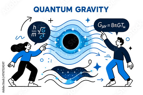 Quantum Gravity Illustration. Quantum gravity. A glowing black hole radiating waves connected by tiny quantum