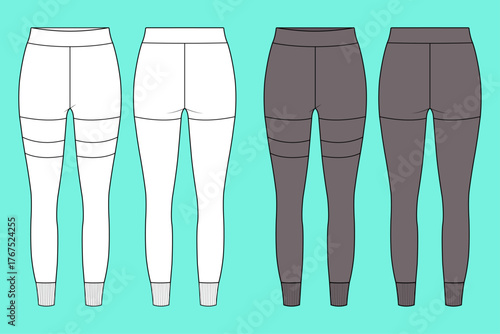 Women's Contoured High-Waist Leggings with Thigh Strap Detail Flat Fashion Technical Flats CAD Template.