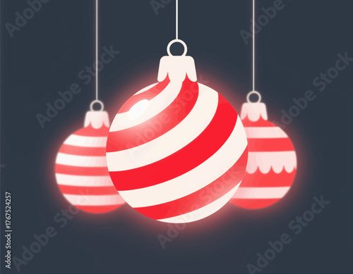 Three hanging red white striped Christmas ornaments glowing softly against dark background