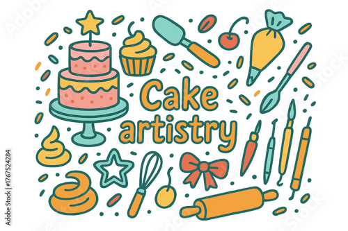 Cake Artistry Doodles. Cake artistry. Hand-drawn doodle illustration of Cake artistry. Tiered cake, piping bag