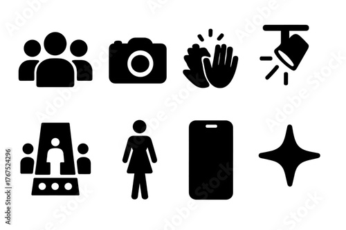 Audience Icon Set. Audience engagement. Filled icon set of Audience engagement: crowd, camera, applause,