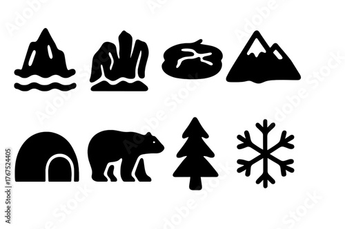 Frozen Icon Set. Frozen landscapes. Filled icon set of Frozen landscapes: iceberg, glacier, frozen lake,
