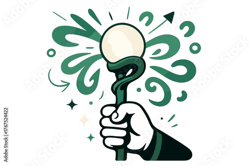 Enchanting Staff Glow. Magical staff topper. A staff with glowing orb at its tip, emitting beams of light and