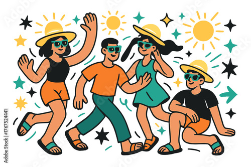 Stylish Summer Vibes. Summer accessories. Characters wearing glowing sun hats, sunglasses, and sandals,