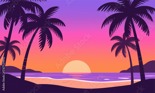 Tropical sunset with palm trees, colorful flat style beach scene at dusk