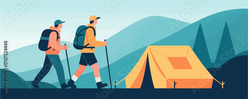 Two hikers with backpacks and poles near a yellow tent in mountain landscape flat style