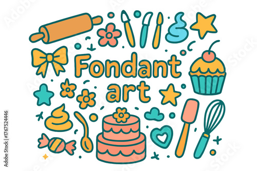 Colorful Fondant Art Doodles. Fondant art. Hand-drawn doodle illustration of Fondant art. Rolling pin, fondant