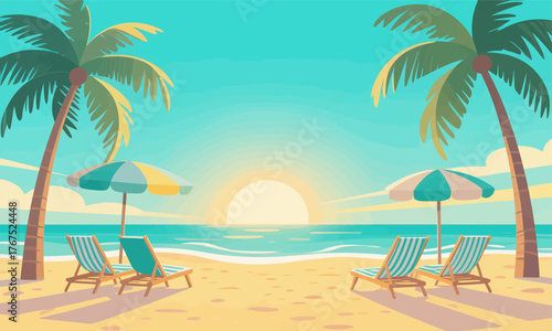 Tropical beach scene with palm trees and lounge chairs at sunset, flat colorful style