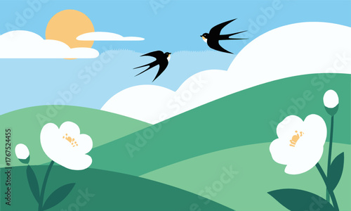 Two swallows fly over rolling hills with white flowers under sunlit sky