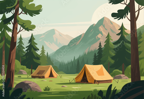 Two orange tents in forest with mountains, flat colorful outdoor camping scene