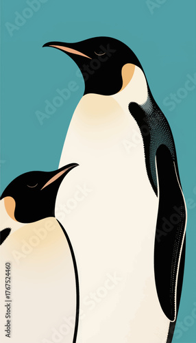 Two penguins in flat vector style, minimalist design, teal background