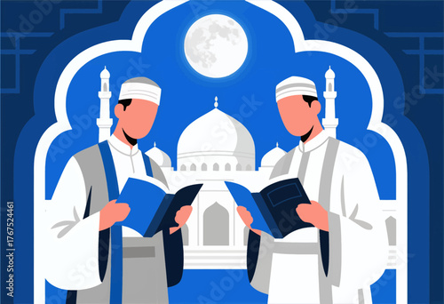 Two men reading holy book under moonlight near mosque in flat style illustration
