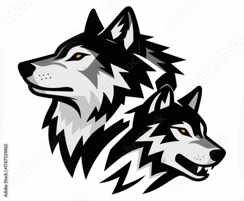 Two wolves logo design, black white stylized mascot heads, isolated