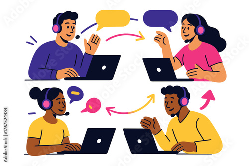 Collaborative Call Center. Call center teamwork. Multiple characters at desks wearing glowing headsets, speech