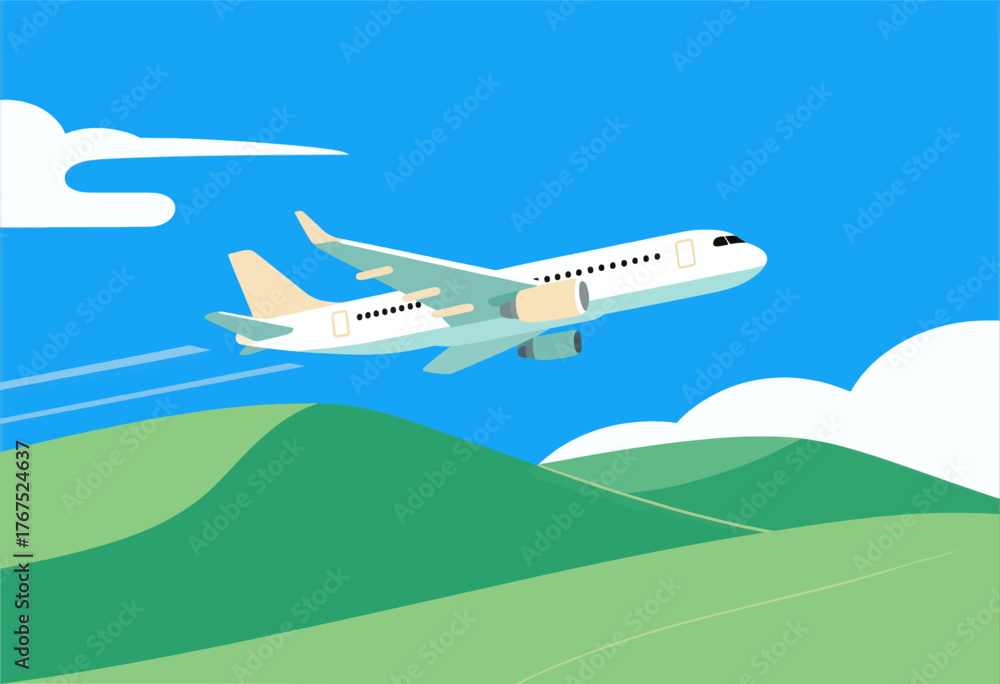 Fototapeta premium White airplane flying over green hills in flat colorful style against blue sky