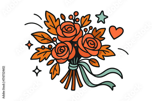 Vibrant Autumn Bouquet. Wedding bouquet. A glowing autumnal arrangement with roses, dried leaves, and ribbon