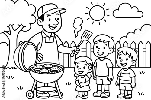Family BBQ Coloring Page. Summer BBQ grill scene children?s coloring book illustration, outlined drawing,