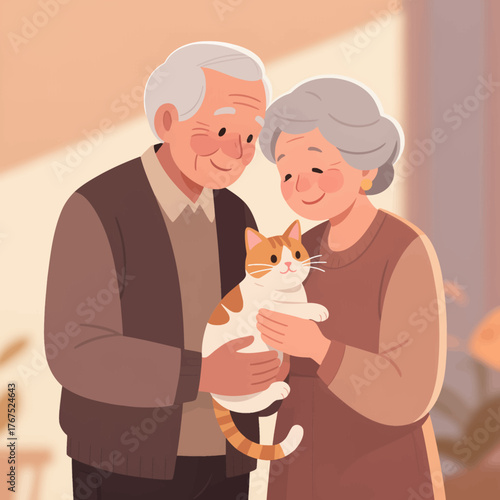 Warm elderly couple holding cat together, cozy indoor moment, soft pastel cartoon style