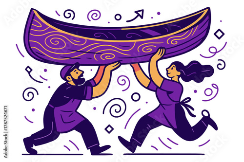 Artisans Crafting Canoe. Traditional craftsmanship. Two artisans lifting a half-finished canoe together, wood